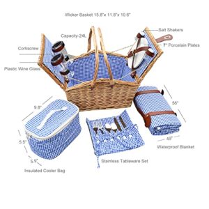 18PCS Wicker Picnic Basket for 2 with Cooler Hamper/Picnic Blanket, Large Picnic Set for Camping,Outdoor,Valentine Day,Thanks Giving,Birthday Christmas for Couples,Blue Gingham