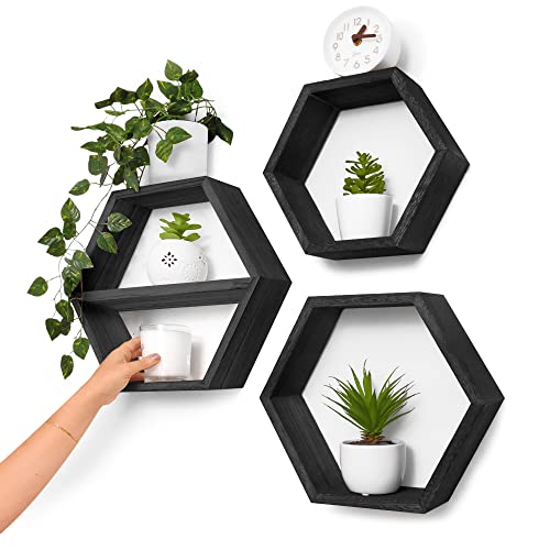 IBUSA - Wooden Hexagon Shelves, Set of 3 Beautiful Boho Rustic Floating Honeycomb Shelves for Bedroom, Bathroom, Living Room & Office, Decorative Hanging Display for Photos Frames, Plants