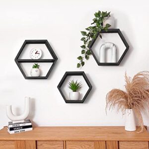 IBUSA - Wooden Hexagon Shelves, Set of 3 Beautiful Boho Rustic Floating Honeycomb Shelves for Bedroom, Bathroom, Living Room & Office, Decorative Hanging Display for Photos Frames, Plants