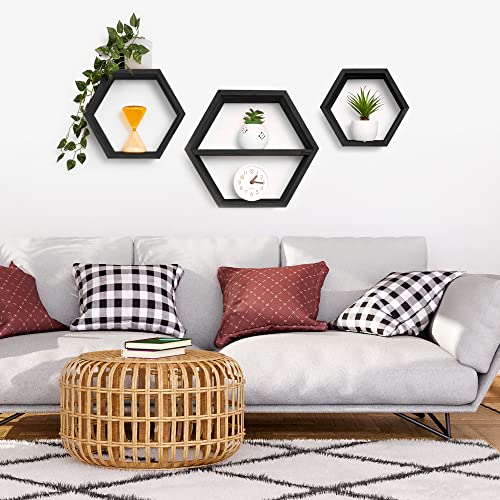 IBUSA - Wooden Hexagon Shelves, Set of 3 Beautiful Boho Rustic Floating Honeycomb Shelves for Bedroom, Bathroom, Living Room & Office, Decorative Hanging Display for Photos Frames, Plants