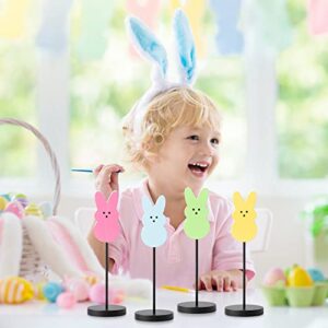 4Pcs Easter Bunny Wood Tall Standing Block Set Cadny Bunny Reversible Decoration Set Easter Colorful Wooden Sign on Stand Table Centerpiece Decoration for Easter Party Home Outdoor Desk Ornaments