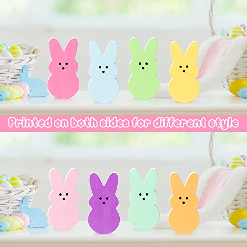 4Pcs Easter Bunny Wood Tall Standing Block Set Cadny Bunny Reversible Decoration Set Easter Colorful Wooden Sign on Stand Table Centerpiece Decoration for Easter Party Home Outdoor Desk Ornaments