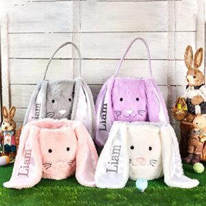 personalized bunny easter basket, fur easter basket with name, plush easter bucket, bunny face tote, kids custom easter treat bag best easter gift baskets