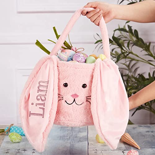 Personalized Bunny Easter Basket, Fur Easter Basket with Name, Plush Easter Bucket, Bunny Face Tote, Kids Custom Easter Treat Bag Best Easter Gift Baskets