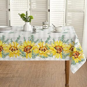 horaldaily spring summer tablecloth 60×60 inch, buffalo plaid sunflower eucalyptus floral table cover for party picnic dinner decor