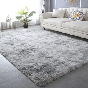 caiyuecs shag area rug,indoor ultra soft fluffy plush rugs for bedroom living room, non-skid modern nursery faux fur rugs for kids room home decor (tie-dyed light gray, 8×10 feet)