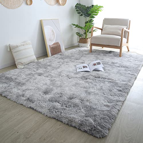 CAIYUECS Shag Area Rug,Indoor Ultra Soft Fluffy Plush Rugs for Bedroom Living Room, Non-Skid Modern Nursery Faux Fur Rugs for Kids Room Home Decor (Tie-Dyed Light Gray, 8x10 Feet)