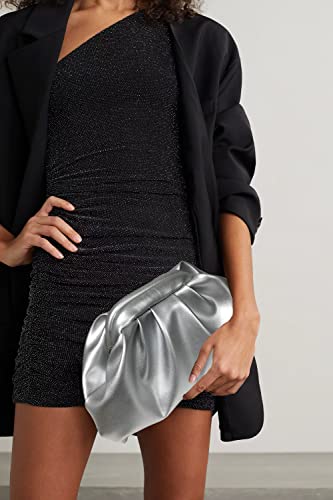 expouch Women Cloud Bag Slouchy Clutch Ruched Purse Weave Embossed with Gold Chain Shoulder Bag (Silver)