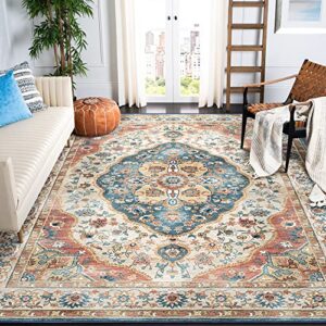 vivorug washable rug, ultra soft area rug 5×7, non slip boho rug foldable, stain resistant rugs for living room, persian tribal medallion (yellowish/navy, 5’x7′)