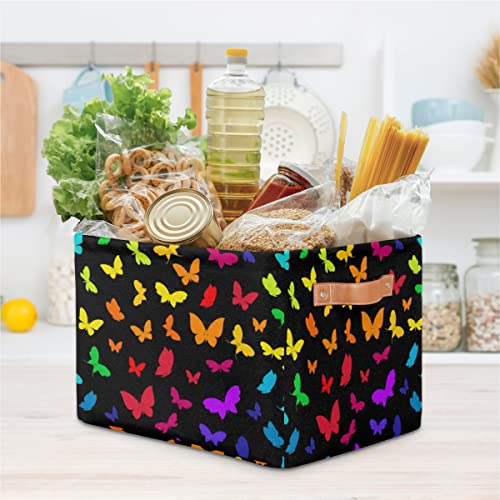 Pardick Large Collapsible Storage Bins ,Butterfly Rainbow Decorative Canvas Fabric Storage Boxes Organizer with Handles，Rectangular Baskets Bin for Home Shelves Closet Nursery Gifts