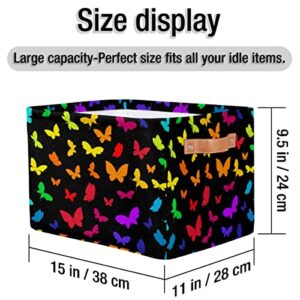 Pardick Large Collapsible Storage Bins ,Butterfly Rainbow Decorative Canvas Fabric Storage Boxes Organizer with Handles，Rectangular Baskets Bin for Home Shelves Closet Nursery Gifts