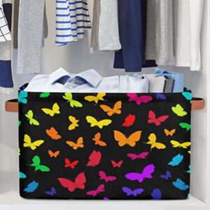 Pardick Large Collapsible Storage Bins ,Butterfly Rainbow Decorative Canvas Fabric Storage Boxes Organizer with Handles，Rectangular Baskets Bin for Home Shelves Closet Nursery Gifts