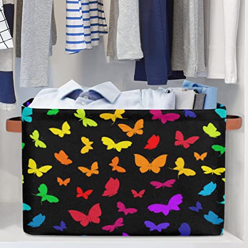 Pardick Large Collapsible Storage Bins ,Butterfly Rainbow Decorative Canvas Fabric Storage Boxes Organizer with Handles，Rectangular Baskets Bin for Home Shelves Closet Nursery Gifts