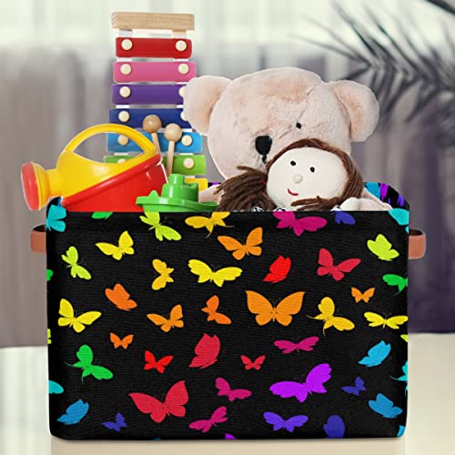 Pardick Large Collapsible Storage Bins ,Butterfly Rainbow Decorative Canvas Fabric Storage Boxes Organizer with Handles，Rectangular Baskets Bin for Home Shelves Closet Nursery Gifts