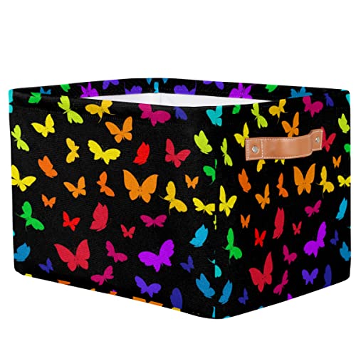 Pardick Large Collapsible Storage Bins ,Butterfly Rainbow Decorative Canvas Fabric Storage Boxes Organizer with Handles，Rectangular Baskets Bin for Home Shelves Closet Nursery Gifts