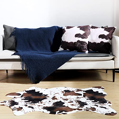 Remagr 3 Pcs Cow Print Rug and Cowhide Pillowcase Set 3.6x2.5ft Faux Cowhide Area Carpet Faux Cow Hide Rug Faux Cow Mat Cow Print Pillows for Living Room Bedroom Office Western Decor