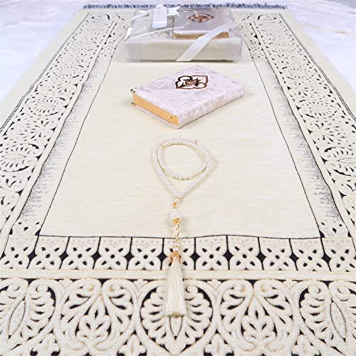 Personalized Prayer Rug Prayer Beads Quran Islamic Gift Set, Chenille Prayer Rug Pearl Prayer Beads Velvet Full Arabic Quran, Ramadan Eid Wedding Birthday Graduation (Beige)