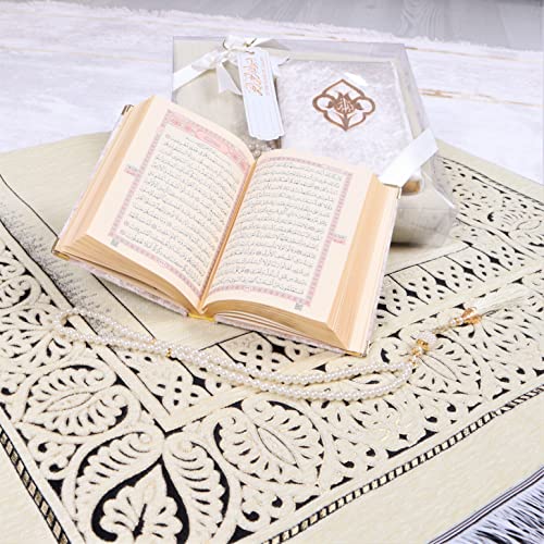 Personalized Prayer Rug Prayer Beads Quran Islamic Gift Set, Chenille Prayer Rug Pearl Prayer Beads Velvet Full Arabic Quran, Ramadan Eid Wedding Birthday Graduation (Beige)