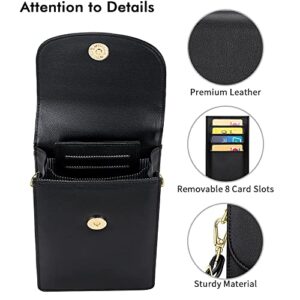 nuoku Small Leather Crossbody Bags for Women, Mini Cell Phone Purse, Removable Rfid Blocking Card Holder, BLACK