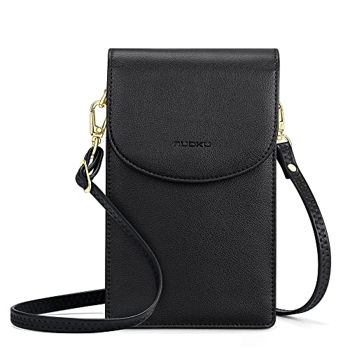 nuoku Small Leather Crossbody Bags for Women, Mini Cell Phone Purse, Removable Rfid Blocking Card Holder, BLACK