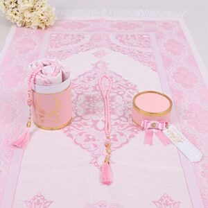 islamic elite favors personalized muslim lightweight travel prayer rug prayer beads set, prayer mat tasbeeh set, ramadan eid hajj umrah wedding birthday graduation mother’s day (pink)
