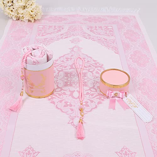 Islamic Elite Favors Personalized Muslim Lightweight Travel Prayer Rug Prayer Beads Set, Prayer Mat Tasbeeh Set, Ramadan Eid Hajj Umrah Wedding Birthday Graduation Mother's Day (Pink)