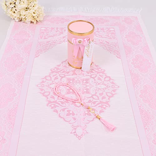 Islamic Elite Favors Personalized Muslim Lightweight Travel Prayer Rug Prayer Beads Set, Prayer Mat Tasbeeh Set, Ramadan Eid Hajj Umrah Wedding Birthday Graduation Mother's Day (Pink)