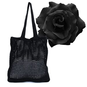 aptimcity tote straw shoulder bag for women,casual woven hobo shopping bag,handmade hollow handbag,black