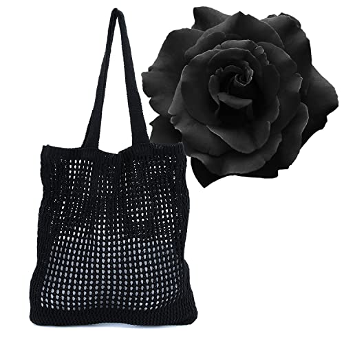 ApTimcity Tote Straw Shoulder Bag for Women,Casual Woven Hobo Shopping Bag,Handmade Hollow Handbag,Black