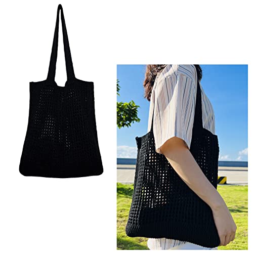 ApTimcity Tote Straw Shoulder Bag for Women,Casual Woven Hobo Shopping Bag,Handmade Hollow Handbag,Black