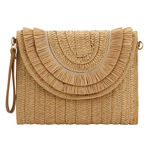 Straw Shoulder Bag for Women Hand-woven Woven Purse Crossbody Summer Beach Envelope Clutch Purse Wallet (Raffia fringed khaki)