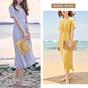 Straw Shoulder Bag for Women Hand-woven Woven Purse Crossbody Summer Beach Envelope Clutch Purse Wallet (Raffia fringed khaki)