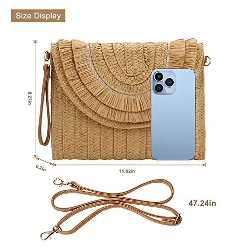 Straw Shoulder Bag for Women Hand-woven Woven Purse Crossbody Summer Beach Envelope Clutch Purse Wallet (Raffia fringed khaki)