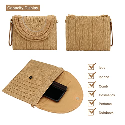 Straw Shoulder Bag for Women Hand-woven Woven Purse Crossbody Summer Beach Envelope Clutch Purse Wallet (Raffia fringed khaki)