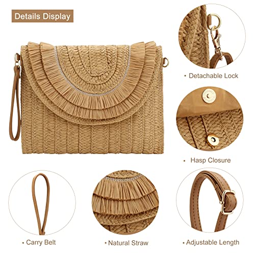 Straw Shoulder Bag for Women Hand-woven Woven Purse Crossbody Summer Beach Envelope Clutch Purse Wallet (Raffia fringed khaki)