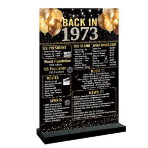 trgowaul 50th birthday anniversary decorations women men, black gold back in 1973 birthday poster acrylic table sign with stand, 50 anniversary decor gifts for men, vintage 1973 supplies 50 birthday