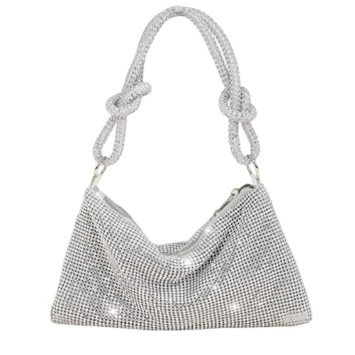 Amazleer Rhinestone Purse Shiny Hobo Bag for Women Rhinestone Handbag Chic Evening Purse Crystal Clutch Bag Silver