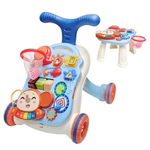 mickyu baby walkers and activity center for boys, infant crawling toys learning table musical push activity walker, first birthday gift for toddlers (blue)