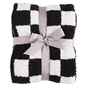 panku super soft checkered throw blanket, knitted cozy warm checkboard fleece blankets for couch and sofa, reversiable luxury fluffy plaid knit blanket throw black and white 50×60 inches