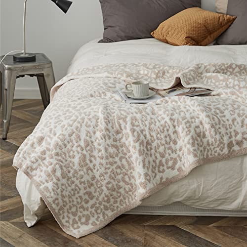 Fluffy Warm Plush Leopard Throw Blanket Twin Size, Reversible Khaki Cheetah Printed Pattern Winter Fuzzy Fleece Blankets for Bed Couch Sofa, Soft Microfiber Blanket 60x80 Inches