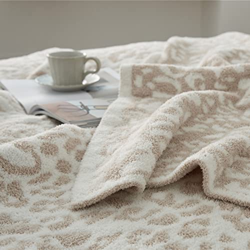 Fluffy Warm Plush Leopard Throw Blanket Twin Size, Reversible Khaki Cheetah Printed Pattern Winter Fuzzy Fleece Blankets for Bed Couch Sofa, Soft Microfiber Blanket 60x80 Inches