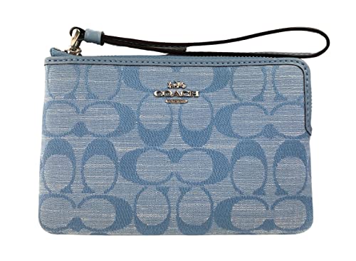 COACH Dempsey Corner Zip Wrtistlet in Signature Chambray (Silver/Cornflower Multi)