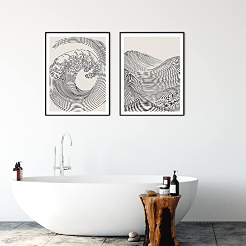 PAINURA Japanese Wave Poster Abstract Wall Art Minimalist Print Abstract Ocean Art Black and White Canvas Art for Bedroom Decor Japanese Wall Art Line Art Wall Decor (16x24Inchx2 Unframed)