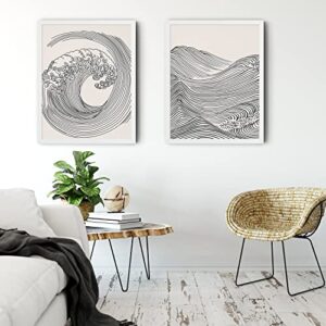 PAINURA Japanese Wave Poster Abstract Wall Art Minimalist Print Abstract Ocean Art Black and White Canvas Art for Bedroom Decor Japanese Wall Art Line Art Wall Decor (16x24Inchx2 Unframed)