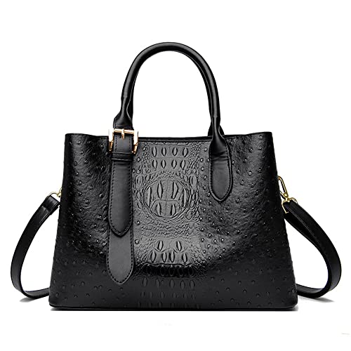 Fashion Crocodile Satchel Handbag for Women Top Handle Crossbody Bag Large Leather Shoulder Bag Ladies Purse (Black)