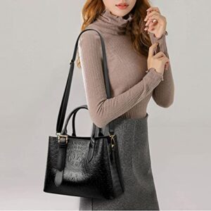 Fashion Crocodile Satchel Handbag for Women Top Handle Crossbody Bag Large Leather Shoulder Bag Ladies Purse (Black)