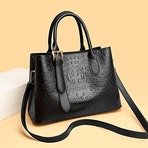 Fashion Crocodile Satchel Handbag for Women Top Handle Crossbody Bag Large Leather Shoulder Bag Ladies Purse (Black)