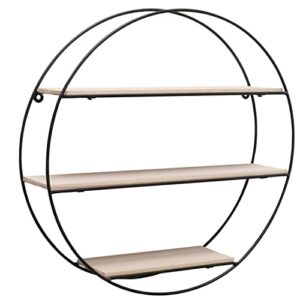 whw whole house worlds industrial chic round metal wall shelf, 3 levels, inset wood, lacquered black iron, 16.5 inch diameter