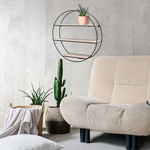 WHW Whole House Worlds Industrial Chic Round Metal Wall Shelf, 3 Levels, Inset Wood, Lacquered Black Iron, 16.5 Inch Diameter