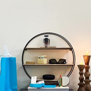 WHW Whole House Worlds Industrial Chic Round Metal Wall Shelf, 3 Levels, Inset Wood, Lacquered Black Iron, 16.5 Inch Diameter